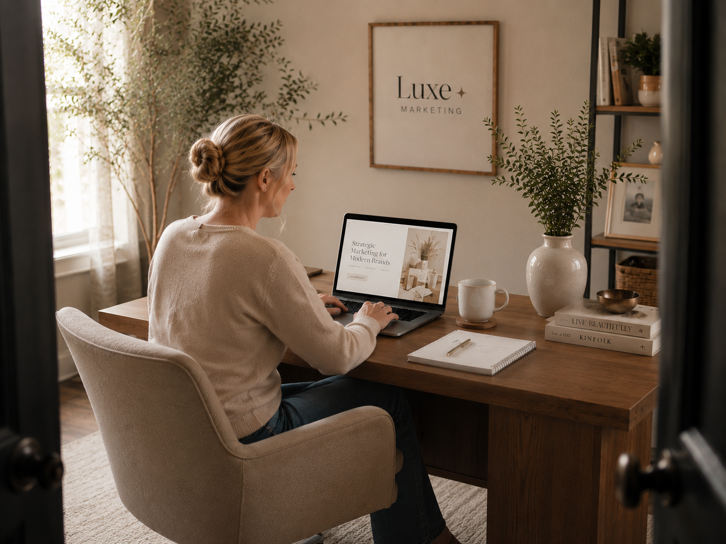 CEO of Luxe Marketing working in a refined neutral-toned home office