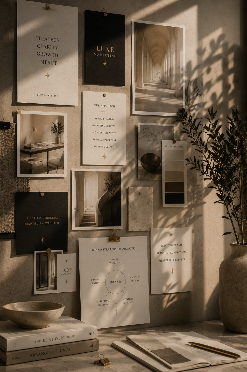 Editorial brand strategy mood board with Luxe Marketing materials, neutral textures, strategic marketing visuals, and refined creative direction