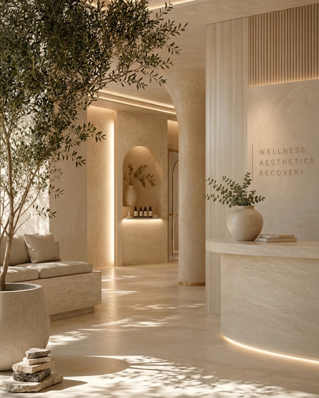 Luxury wellness and medical spa interior with warm neutral tones and refined architectural details